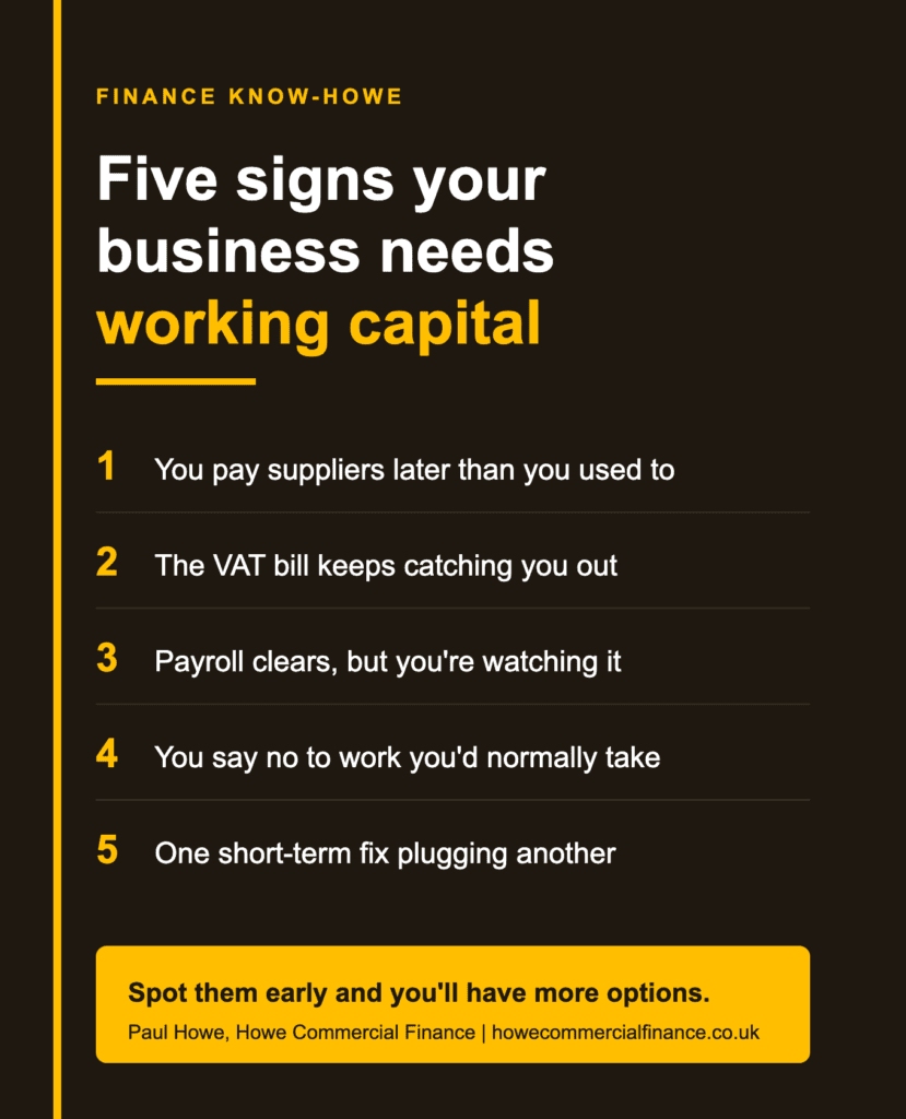 Five signs your business needs working capital - Howe Commercial Finance infographic